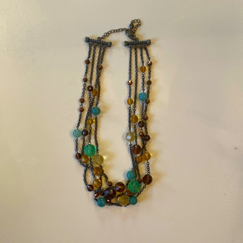 Lia Sophia Multi Strand Beaded Necklace -Adjustable 18”-21” Green, Amber, Bronze